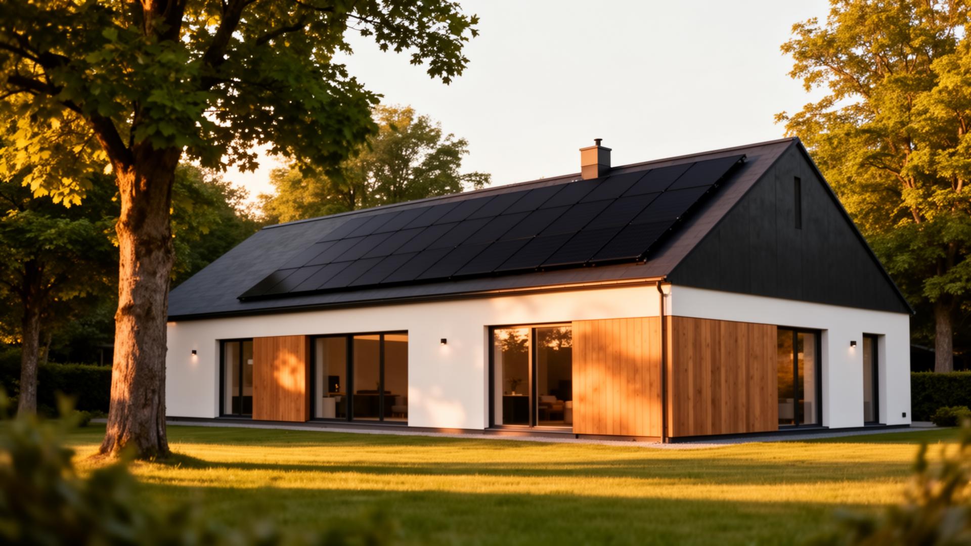 Moderne dansk bolig med integrerede sorte solcellepaneler i aftensol